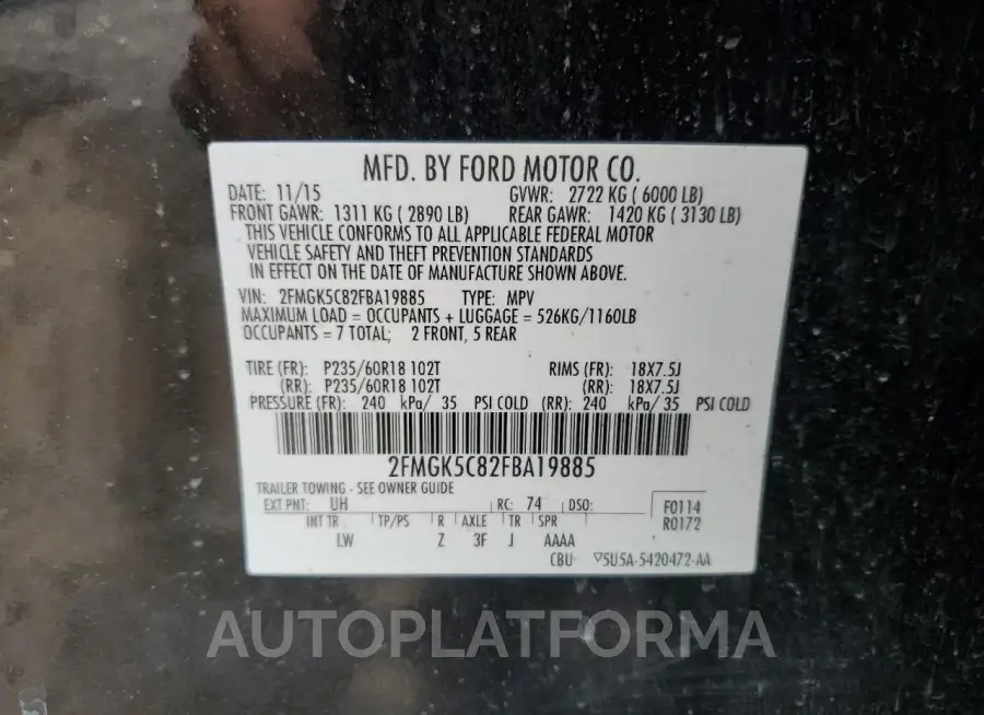 FORD FLEX SEL 2015 vin 2FMGK5C82FBA19885 from auto auction Copart