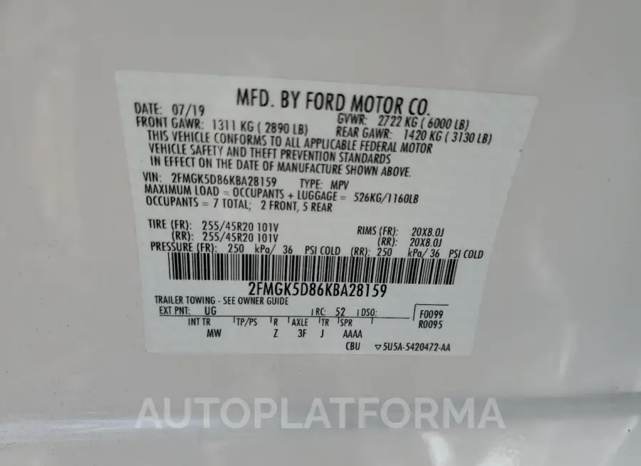 FORD FLEX LIMIT 2019 vin 2FMGK5D86KBA28159 from auto auction Copart