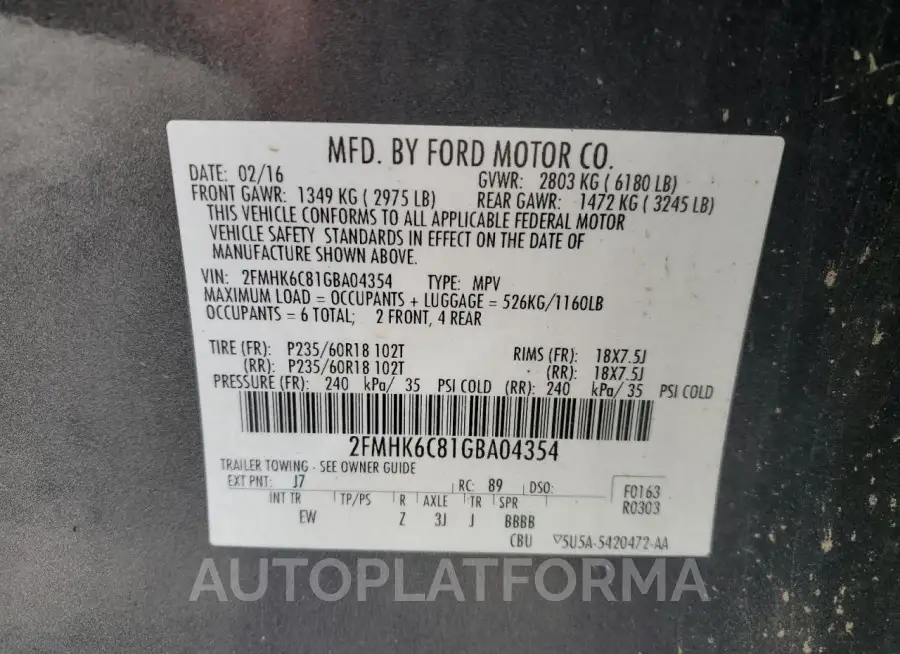 FORD FLEX SEL 2016 vin 2FMHK6C81GBA04354 from auto auction Copart