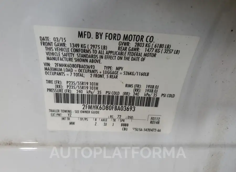 FORD FLEX LIMIT 2015 vin 2FMHK6D80FBA03693 from auto auction Copart