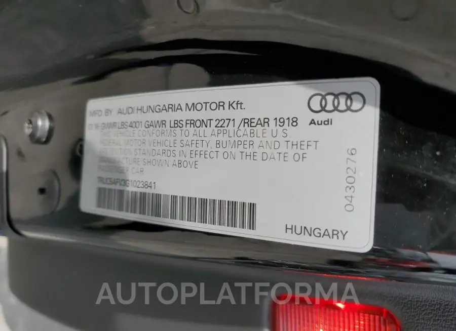 AUDI TT 2016 vin TRUC5AFV3G1023841 from auto auction Copart