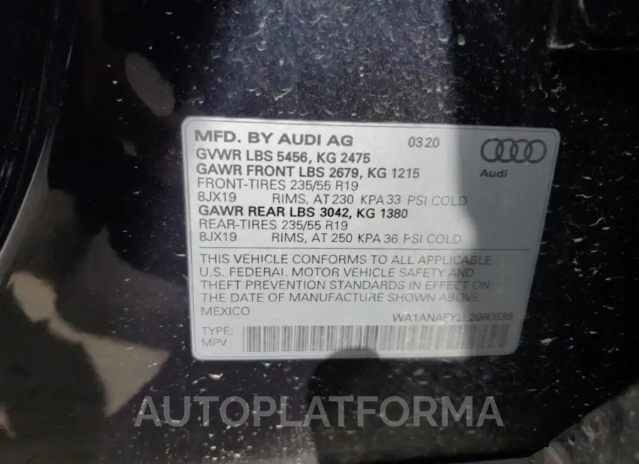 AUDI Q5 PREMIUM 2020 vin WA1ANAFY2L2080638 from auto auction Copart