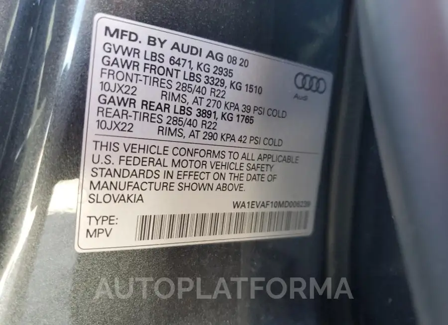 AUDI Q8 PREMIUM 2021 vin WA1EVAF10MD006239 from auto auction Copart