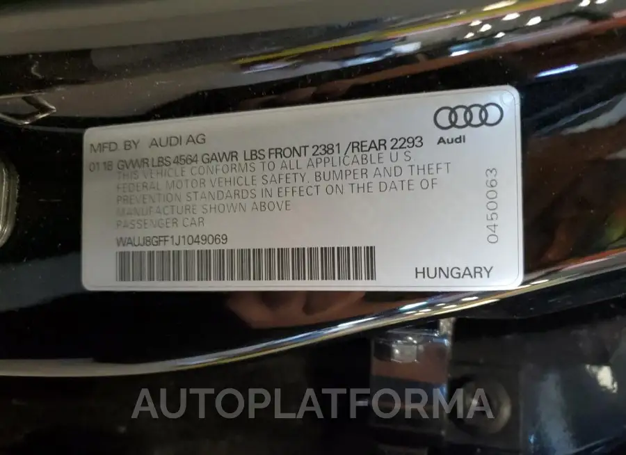 AUDI A3 PREMIUM 2018 vin WAUJ8GFF1J1049069 from auto auction Copart