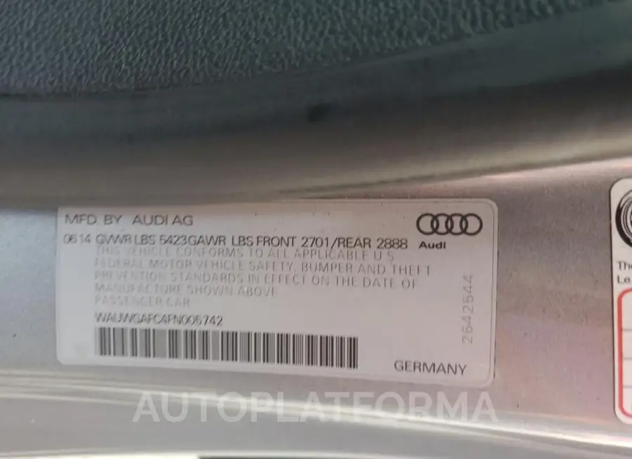 AUDI A7 PREMIUM 2015 vin WAUWGAFC4FN005742 from auto auction Copart