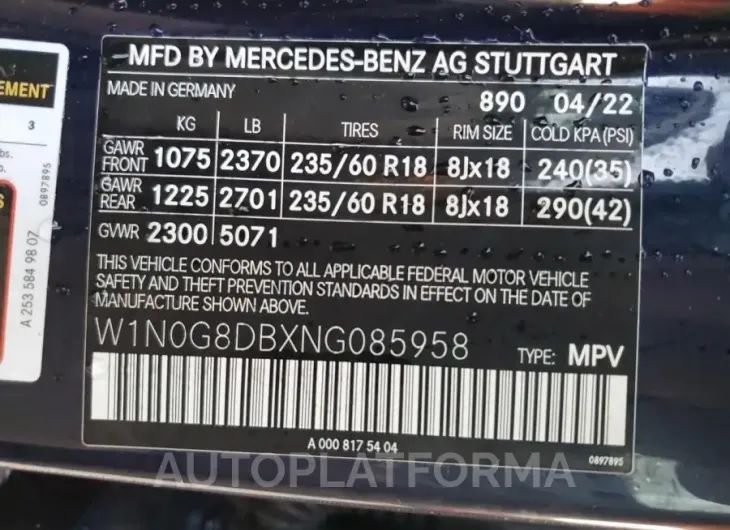 MERCEDES-BENZ GLC 300 2022 vin W1N0G8DBXNG085958 from auto auction Copart