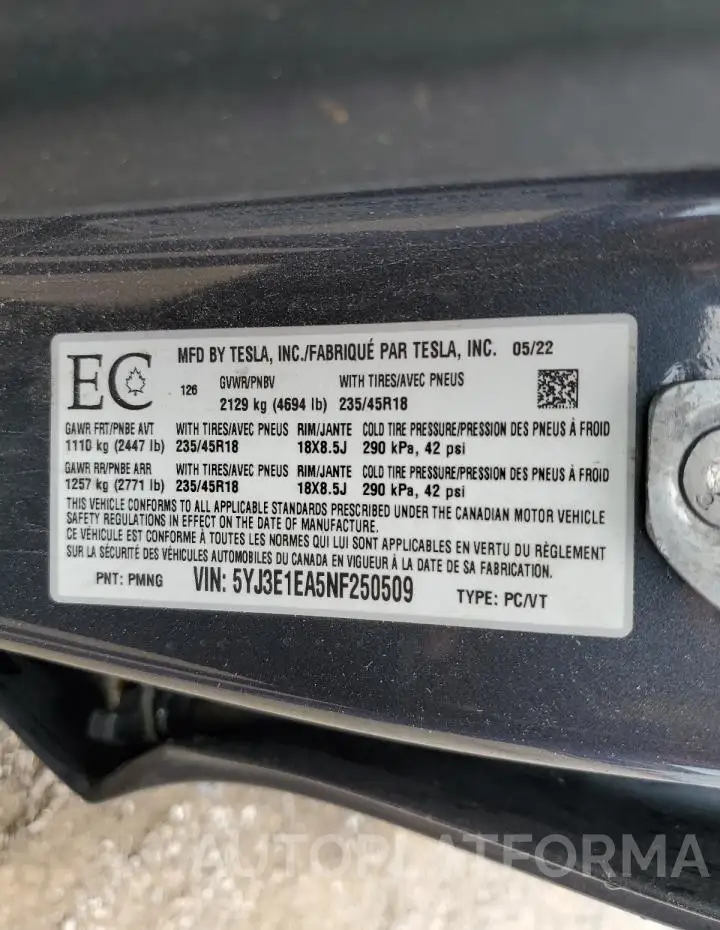 TESLA MODEL 3 2022 vin 5YJ3E1EA5NF250509 from auto auction Copart