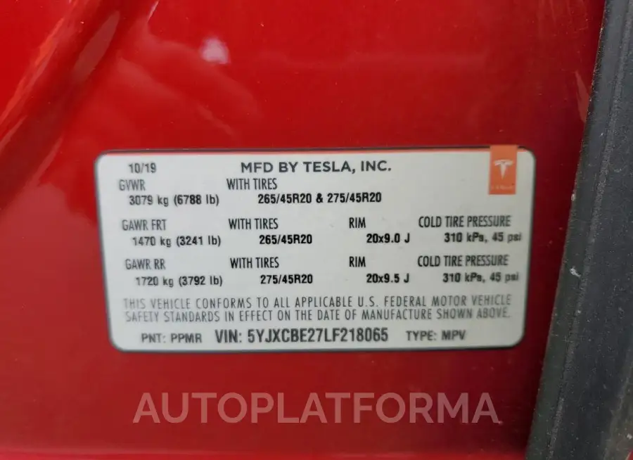 TESLA MODEL X 2020 vin 5YJXCBE27LF218065 from auto auction Copart