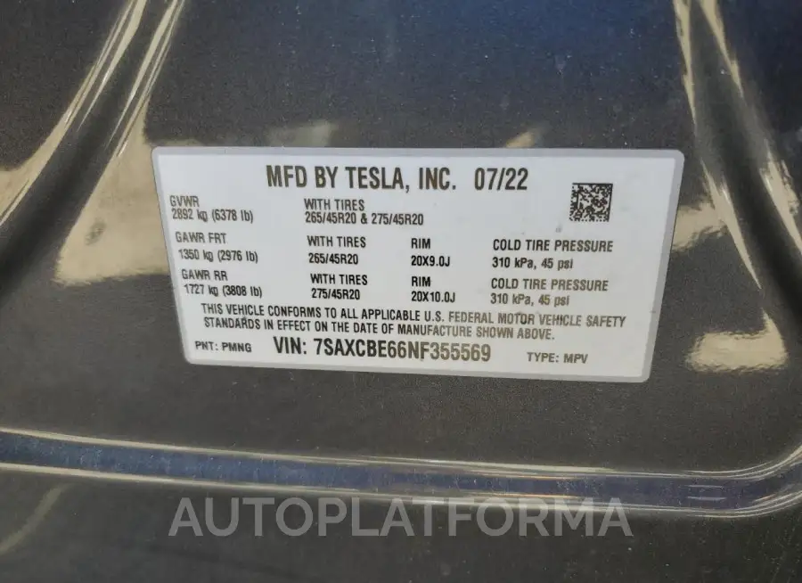 TESLA MODEL X 2022 vin 7SAXCBE66NF355569 from auto auction Copart