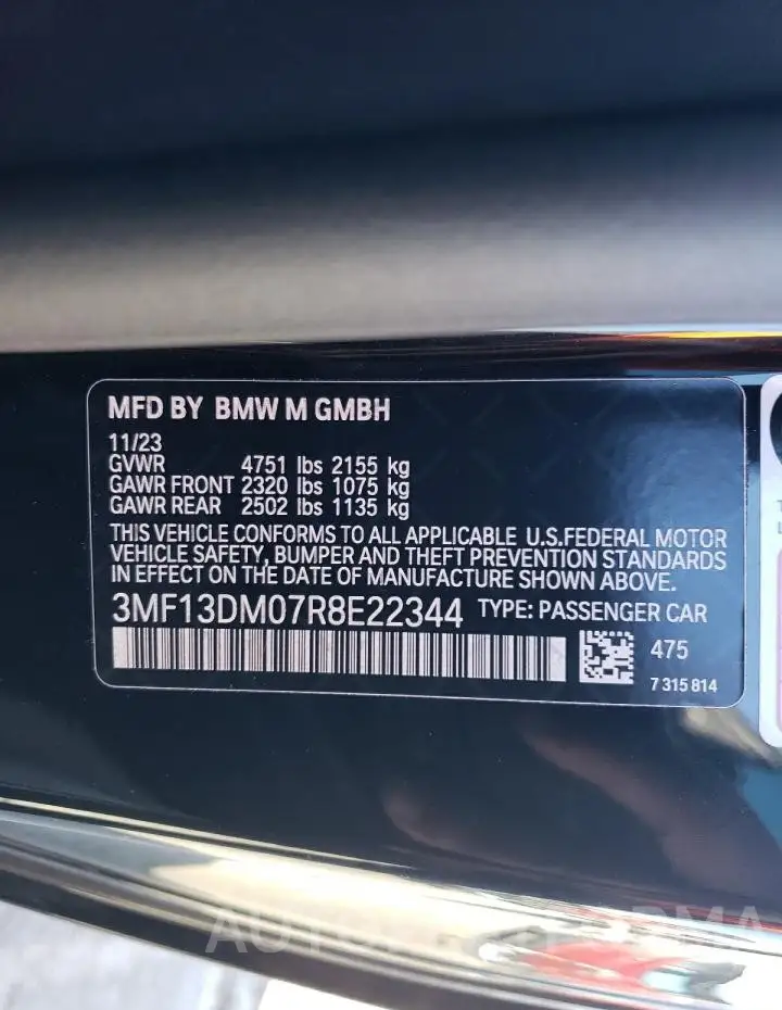 BMW M2 2024 vin 3MF13DM07R8E22344 from auto auction Copart