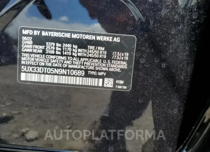 BMW X4 XDRIVE3 2022 vin 5UX33DT05N9N10689 from auto auction Copart