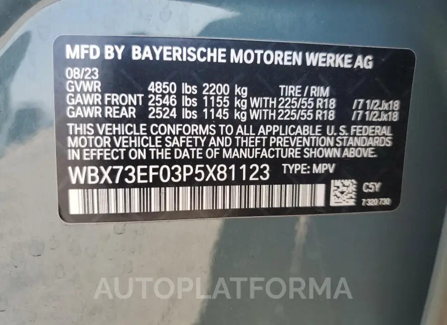 BMW X1 XDRIVE2 2023 vin WBX73EF03P5X81123 from auto auction Copart