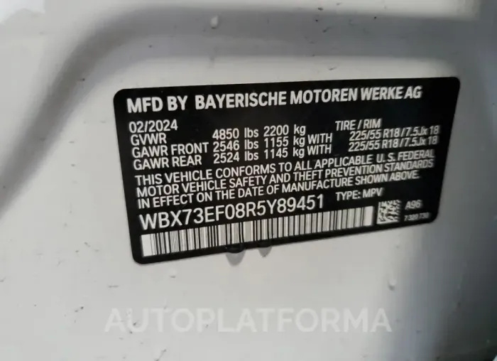 BMW X1 XDRIVE2 2024 vin WBX73EF08R5Y89451 from auto auction Copart