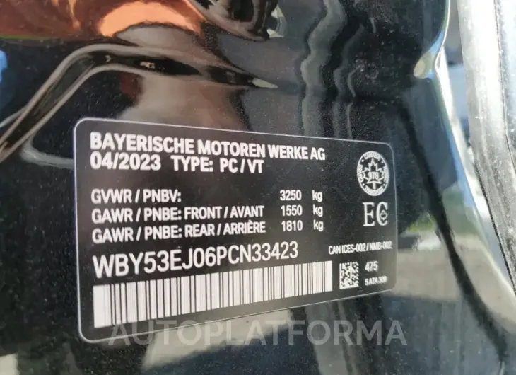 BMW I7 XDRIVE6 2023 vin WBY53EJ06PCN33423 from auto auction Copart