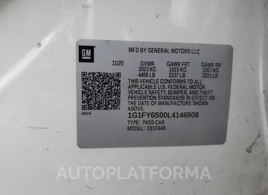 CHEVROLET BOLT EV LT 2020 vin 1G1FY6S00L4146908 from auto auction Copart