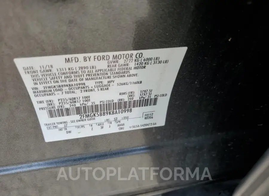 FORD FLEX SE 2019 vin 2FMGK5B89KBA10998 from auto auction Copart