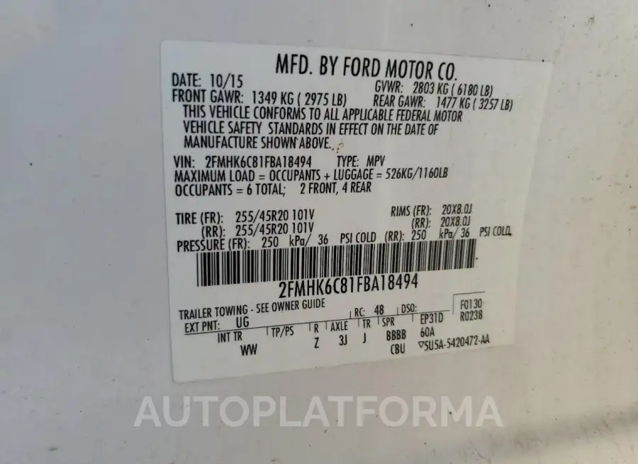 FORD FLEX SEL 2015 vin 2FMHK6C81FBA18494 from auto auction Copart