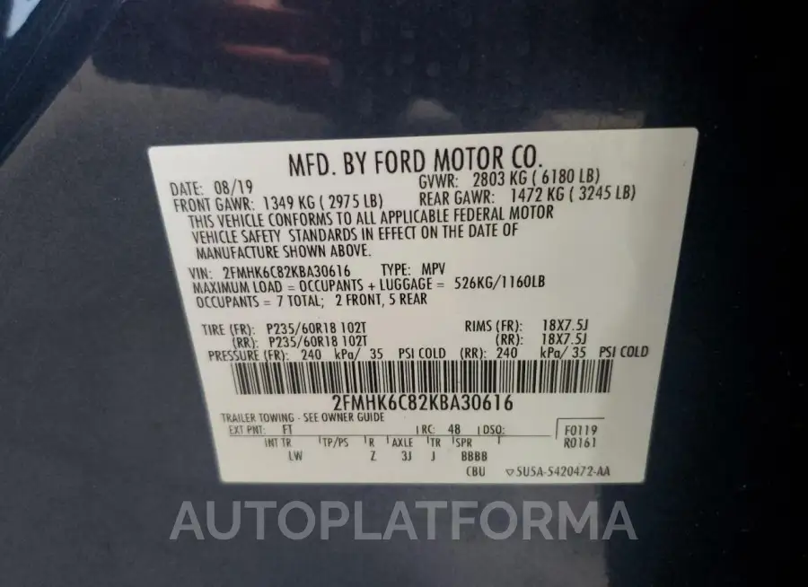 FORD FLEX SEL 2019 vin 2FMHK6C82KBA30616 from auto auction Copart