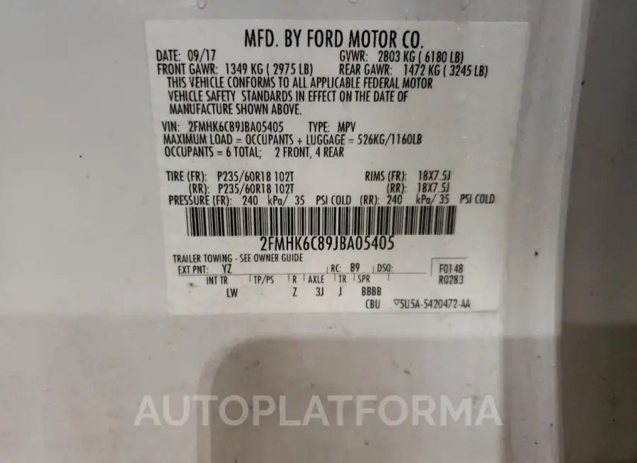 FORD FLEX SEL 2018 vin 2FMHK6C89JBA05405 from auto auction Copart