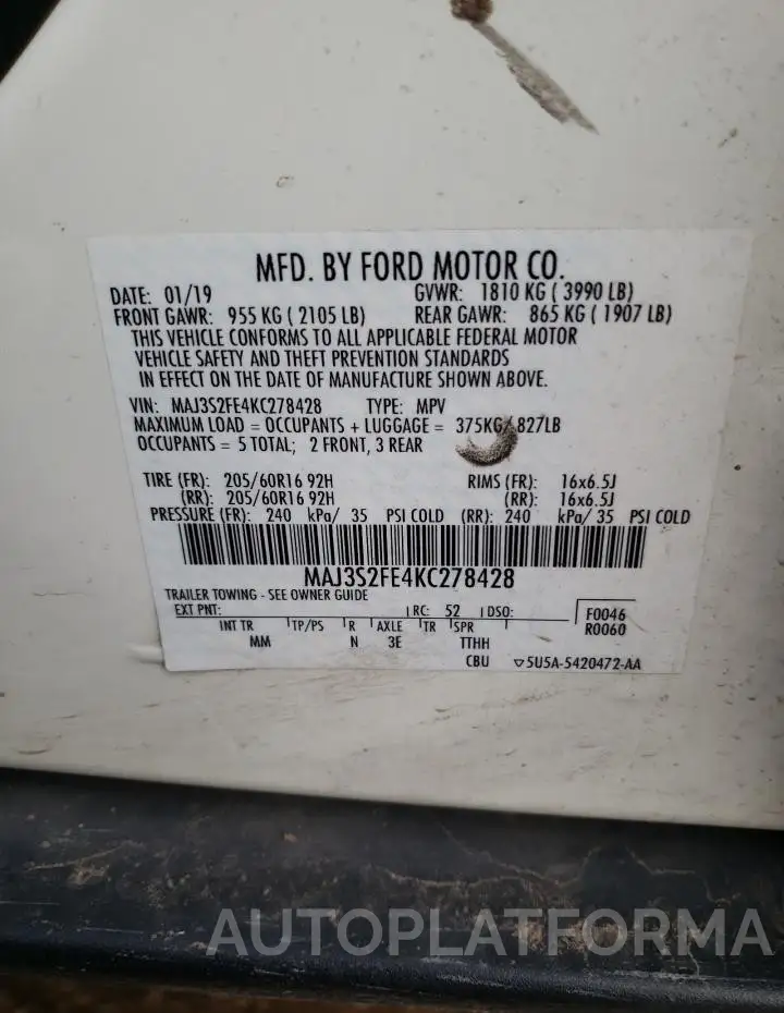 FORD ECOSPORT S 2019 vin MAJ3S2FE4KC278428 from auto auction Copart