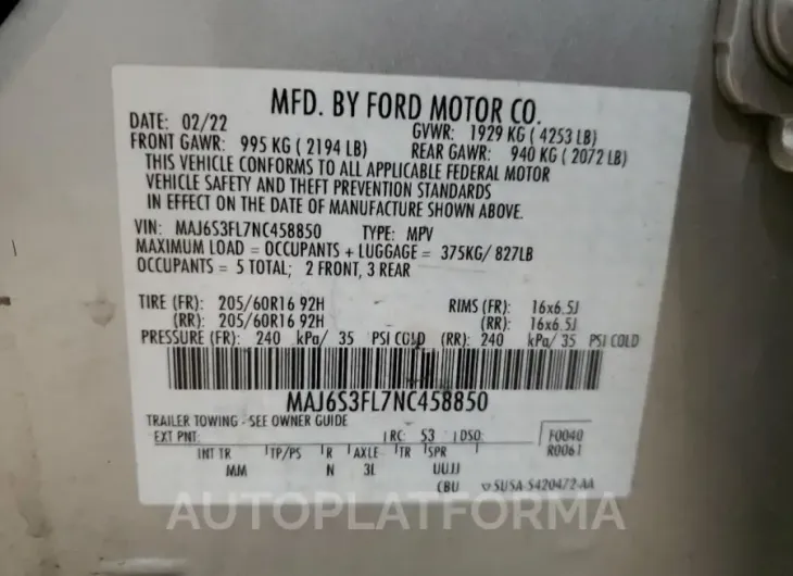 FORD ECOSPORT S 2022 vin MAJ6S3FL7NC458850 from auto auction Copart