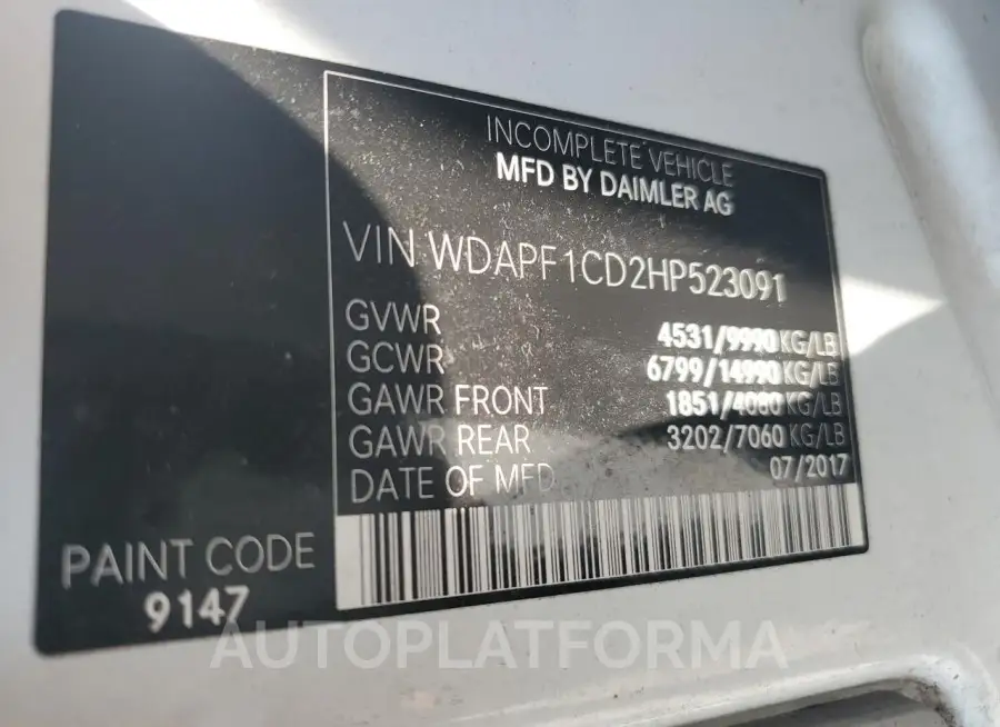 MERCEDES-BENZ SPRINTER 3 2017 vin WDAPF1CD2HP523091 from auto auction Copart