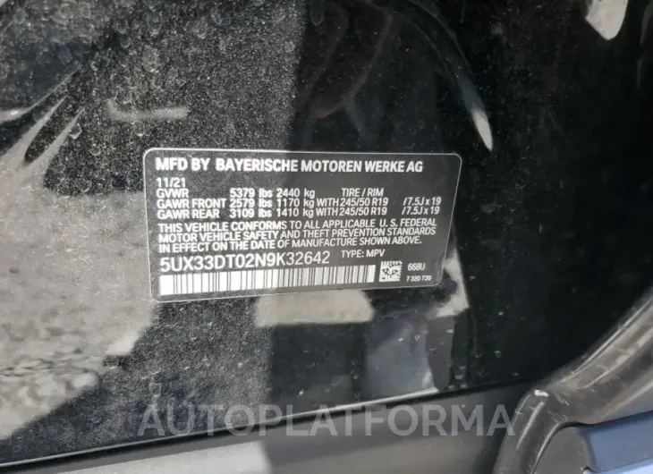 BMW X4 XDRIVE3 2022 vin 5UX33DT02N9K32642 from auto auction Copart