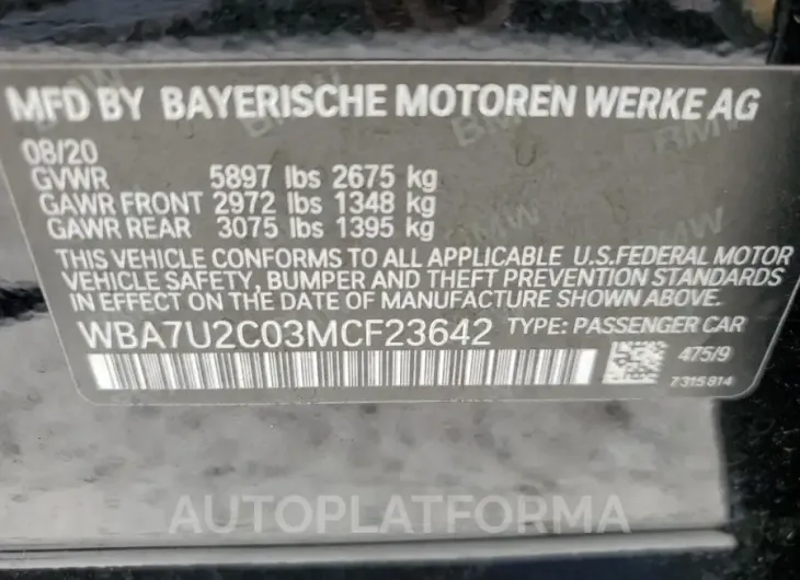 BMW 750 XI 2021 vin WBA7U2C03MCF23642 from auto auction Copart