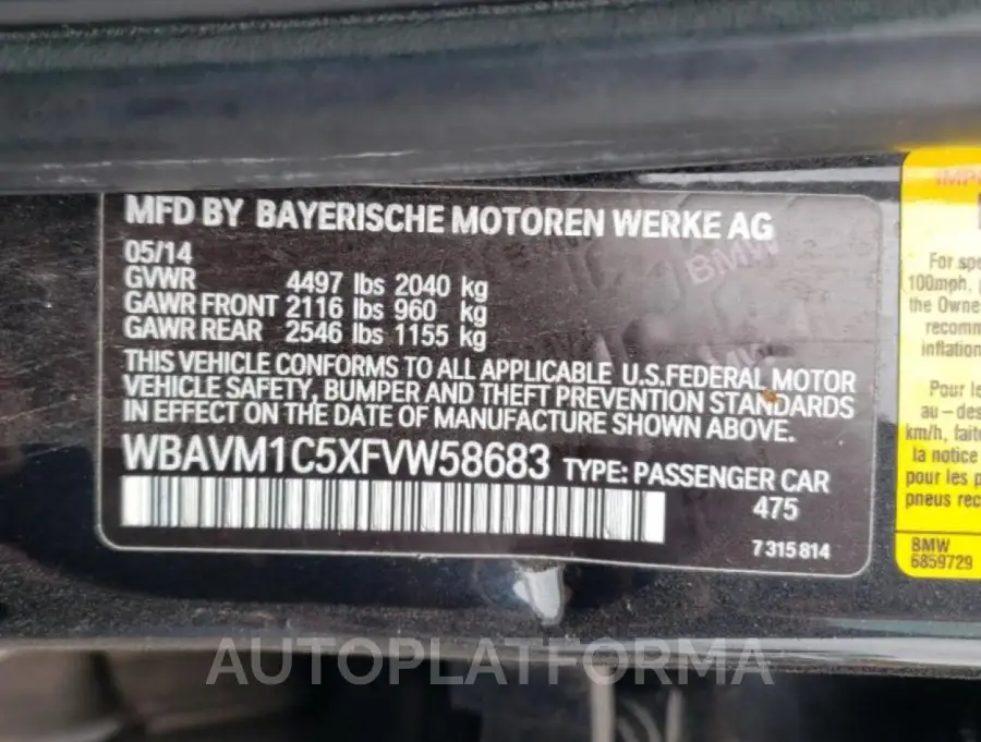 BMW X1 SDRIVE2 2015 vin WBAVM1C5XFVW58683 from auto auction Copart