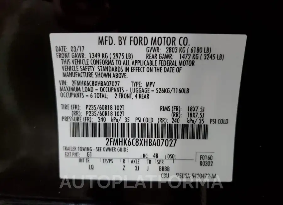 FORD FLEX SEL 2017 vin 2FMHK6C8XHBA07027 from auto auction Copart