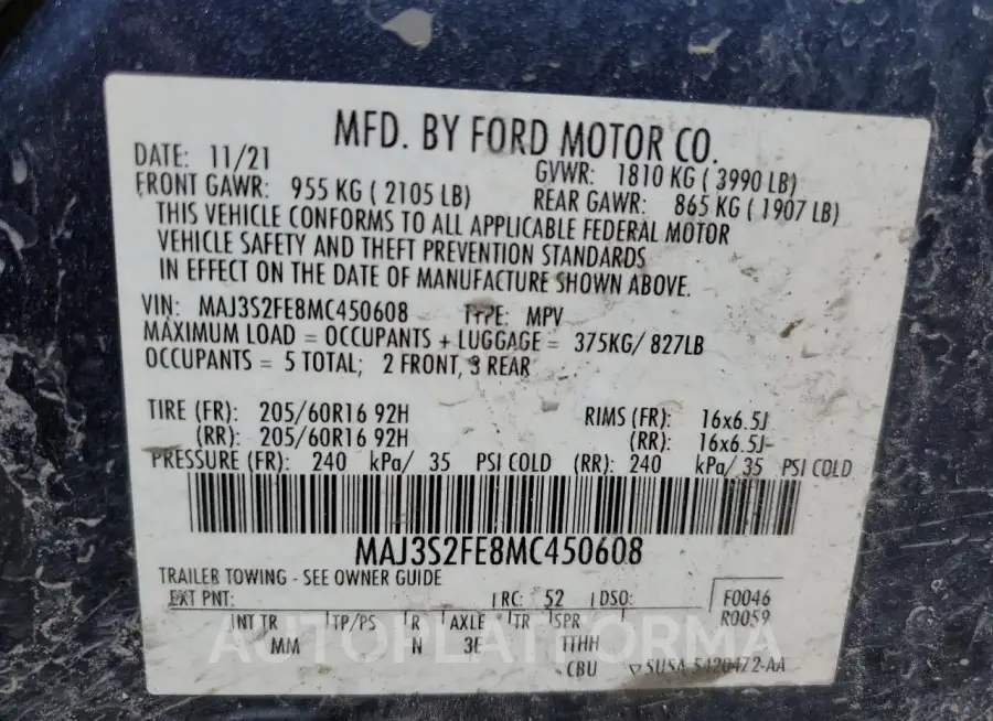 FORD ECOSPORT S 2021 vin MAJ3S2FE8MC450608 from auto auction Copart