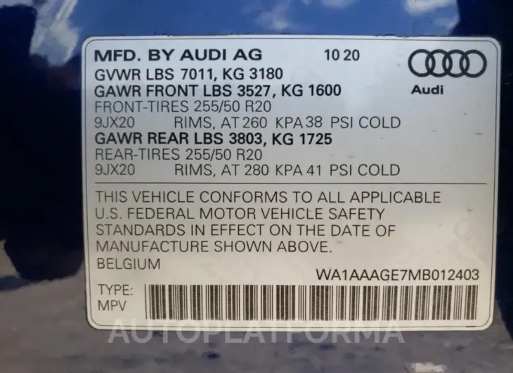 AUDI E-TRON PRE 2021 vin WA1AAAGE7MB012403 from auto auction Copart