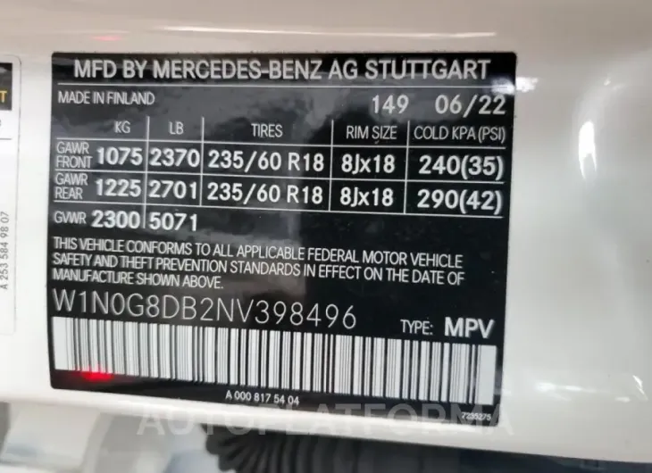 MERCEDES-BENZ GLC 300 2022 vin W1N0G8DB2NV398496 from auto auction Copart