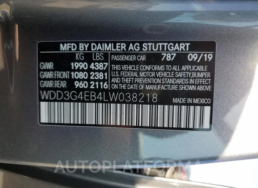 MERCEDES-BENZ A 220 2020 vin WDD3G4EB4LW038218 from auto auction Copart