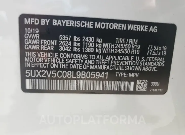 BMW X4 XDRIVEM 2020 vin 5UX2V5C08L9B05941 from auto auction Copart