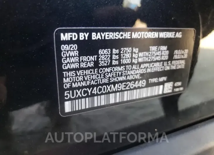 BMW X6 SDRIVE 2021 vin 5UXCY4C0XM9E26449 from auto auction Copart