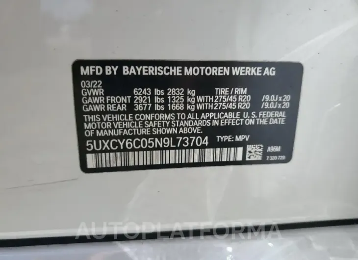 BMW X6 XDRIVE4 2022 vin 5UXCY6C05N9L73704 from auto auction Copart