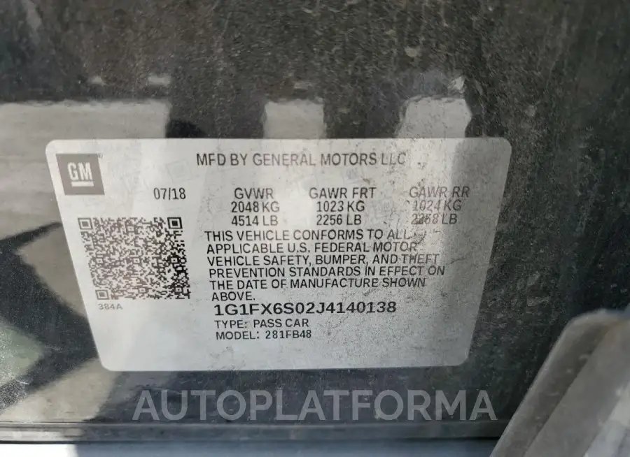 CHEVROLET BOLT EV PR 2018 vin 1G1FX6S02J4140138 from auto auction Copart