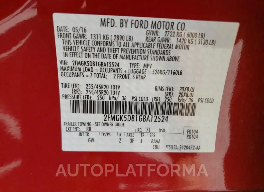 FORD FLEX LIMIT 2016 vin 2FMGK5D81GBA12524 from auto auction Copart