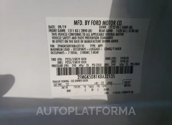 FORD FLEX LIMIT 2019 vin 2FMGK5D81KBA32135 from auto auction Copart