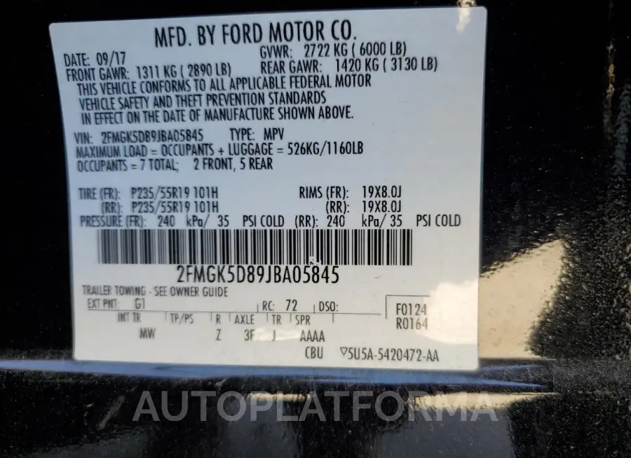 FORD FLEX LIMIT 2018 vin 2FMGK5D89JBA05845 from auto auction Copart