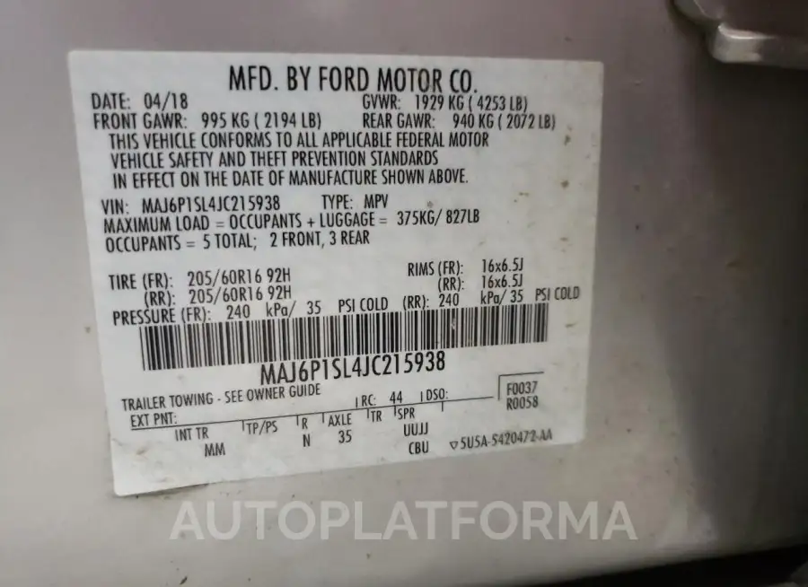 FORD ECOSPORT S 2018 vin MAJ6P1SL4JC215938 from auto auction Copart