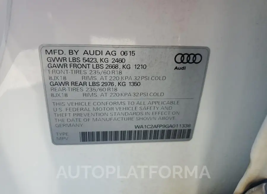 AUDI Q5 PREMIUM 2016 vin WA1C2AFP9GA011336 from auto auction Copart