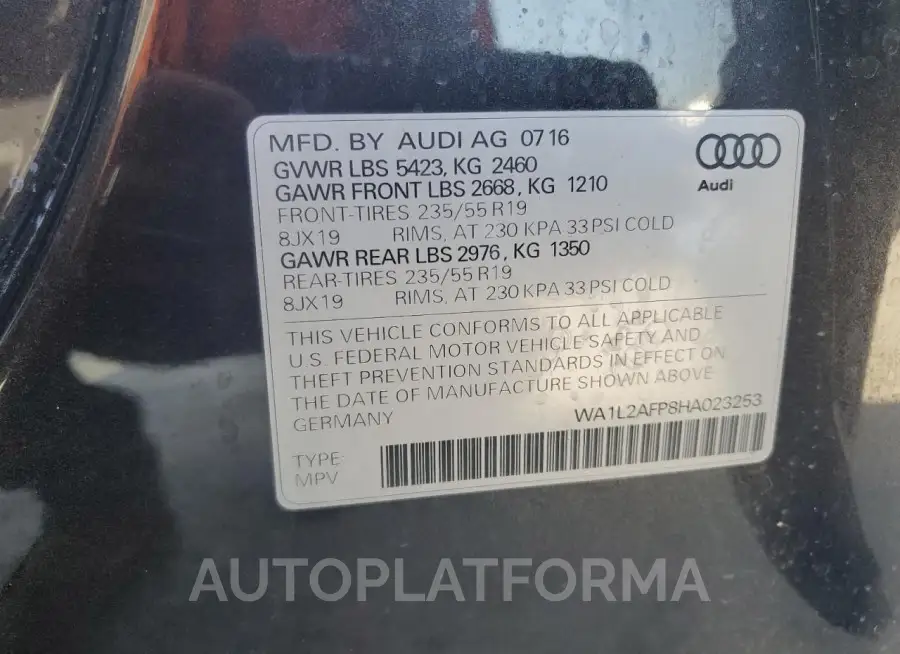 AUDI Q5 PREMIUM 2017 vin WA1L2AFP8HA023253 from auto auction Copart