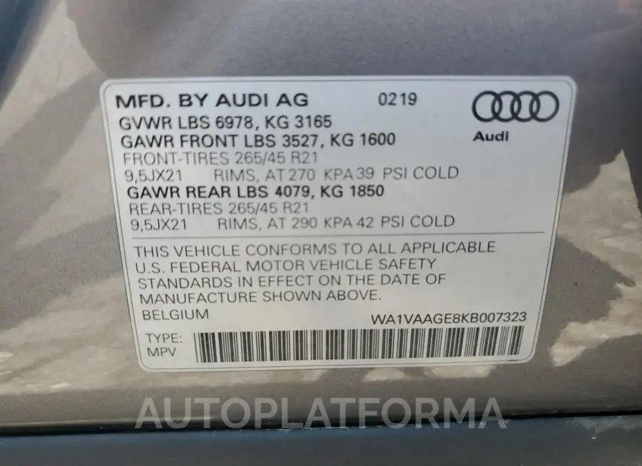 AUDI E-TRON PRE 2019 vin WA1VAAGE8KB007323 from auto auction Copart