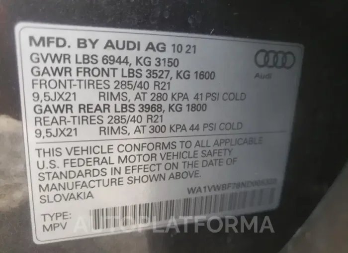 AUDI SQ7 PRESTI 2022 vin WA1VWBF78ND005333 from auto auction Copart