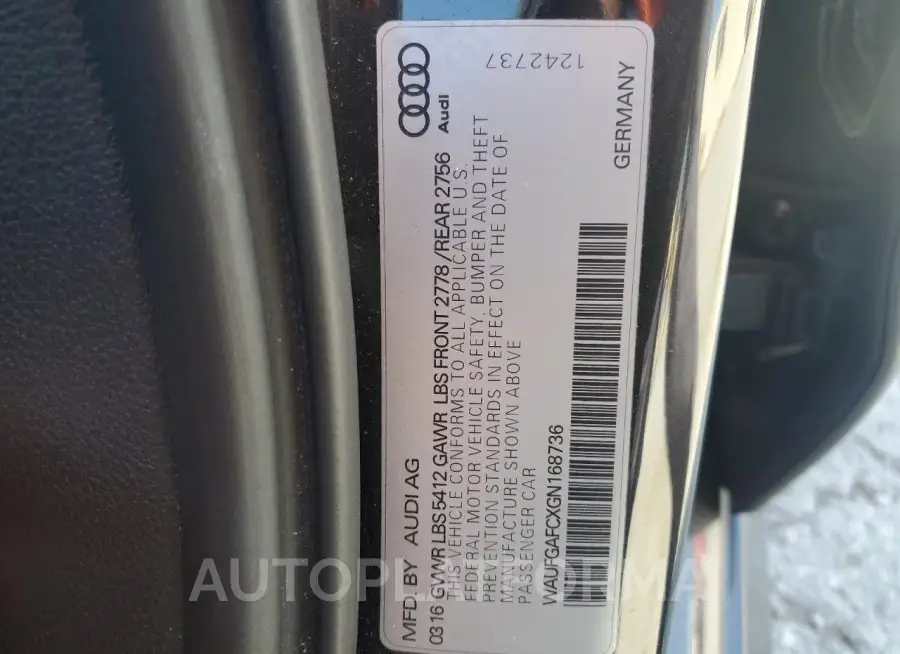 AUDI A6 PREMIUM 2016 vin WAUFGAFCXGN168736 from auto auction Copart