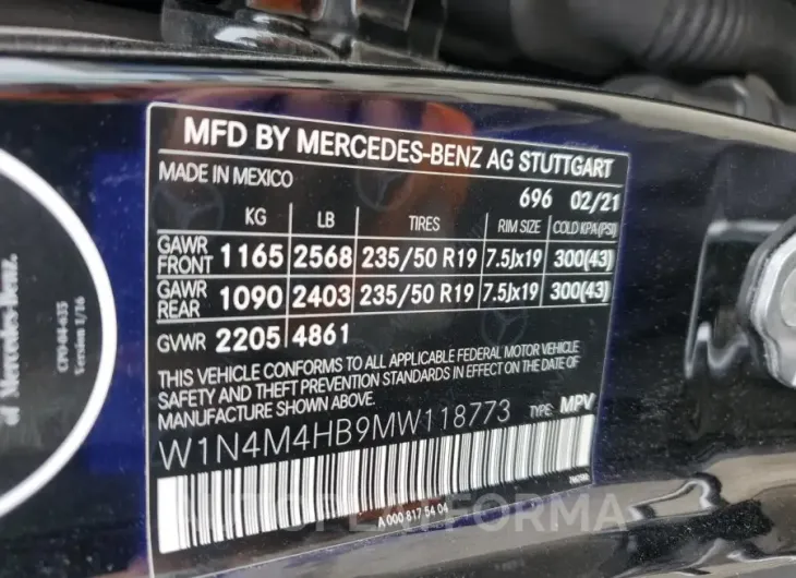 MERCEDES-BENZ GLB 250 4M 2021 vin W1N4M4HB9MW118773 from auto auction Copart