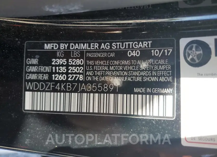 MERCEDES-BENZ E 300 4MAT 2018 vin WDDZF4KB7JA355891 from auto auction Copart