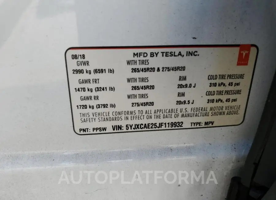 TESLA MODEL X 2018 vin 5YJXCAE25JF119932 from auto auction Copart